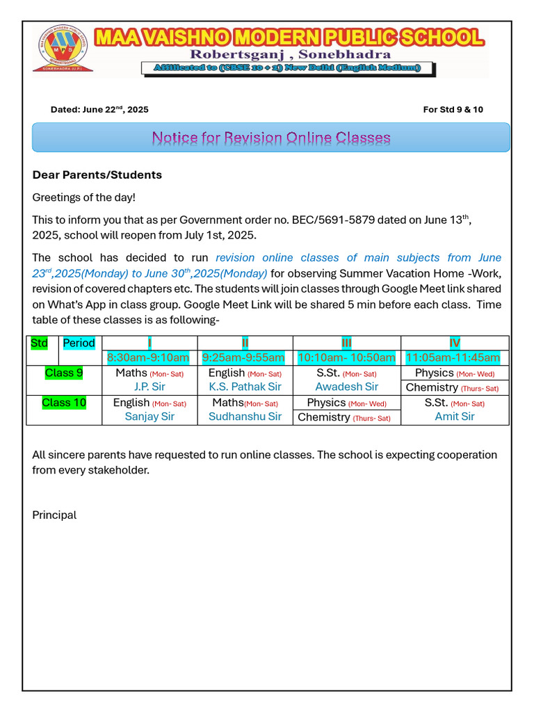 Notice for Std 9 & 10 Online Classes | PDF