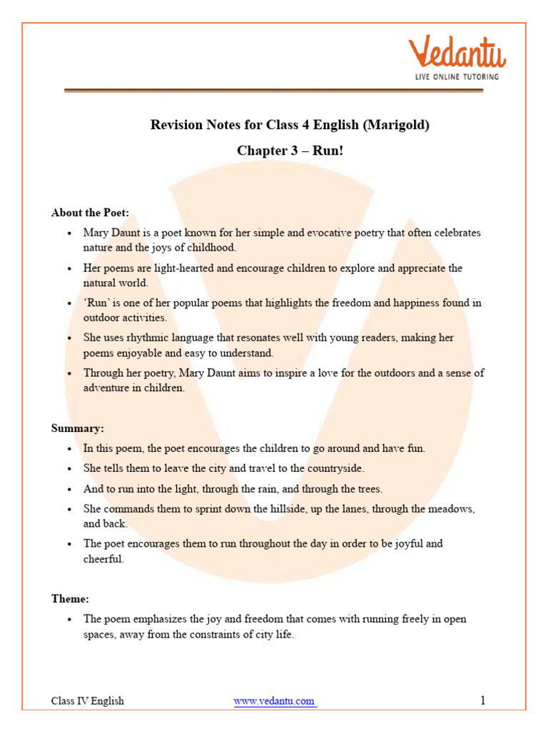 CBSE English (Marigold) Chapter 3 Run Poem Class 4 Notes PDF | PDF | Poetry