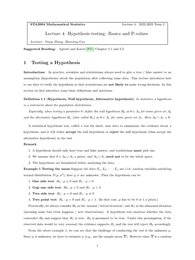 Hypothesis Testing Basics and P-Values | PDF | Type I And Type Ii ...