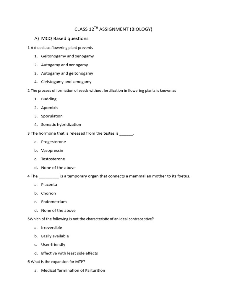 Class 12 Biology Assignment: MCQs & Answers | PDF | Flowers | Fertilisation