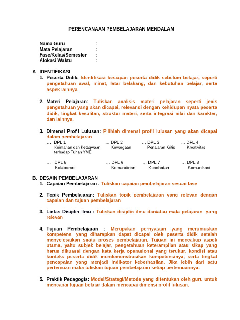 Format Perencanaan Pembelajaran Mendalam Pdf