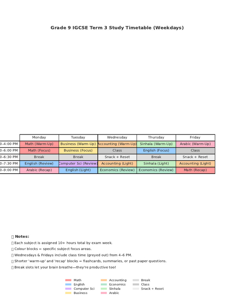 IGCSE Weekday Study Timetable | PDF