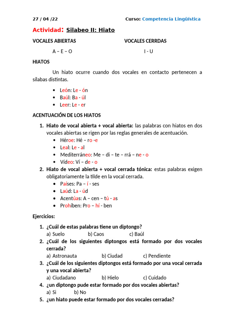 Hiato y Silabeo en Español | PDF