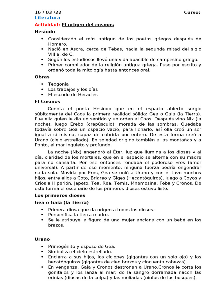 El Origen Del Cosmos | PDF | Deidades griegas | Religión Griega Antigua