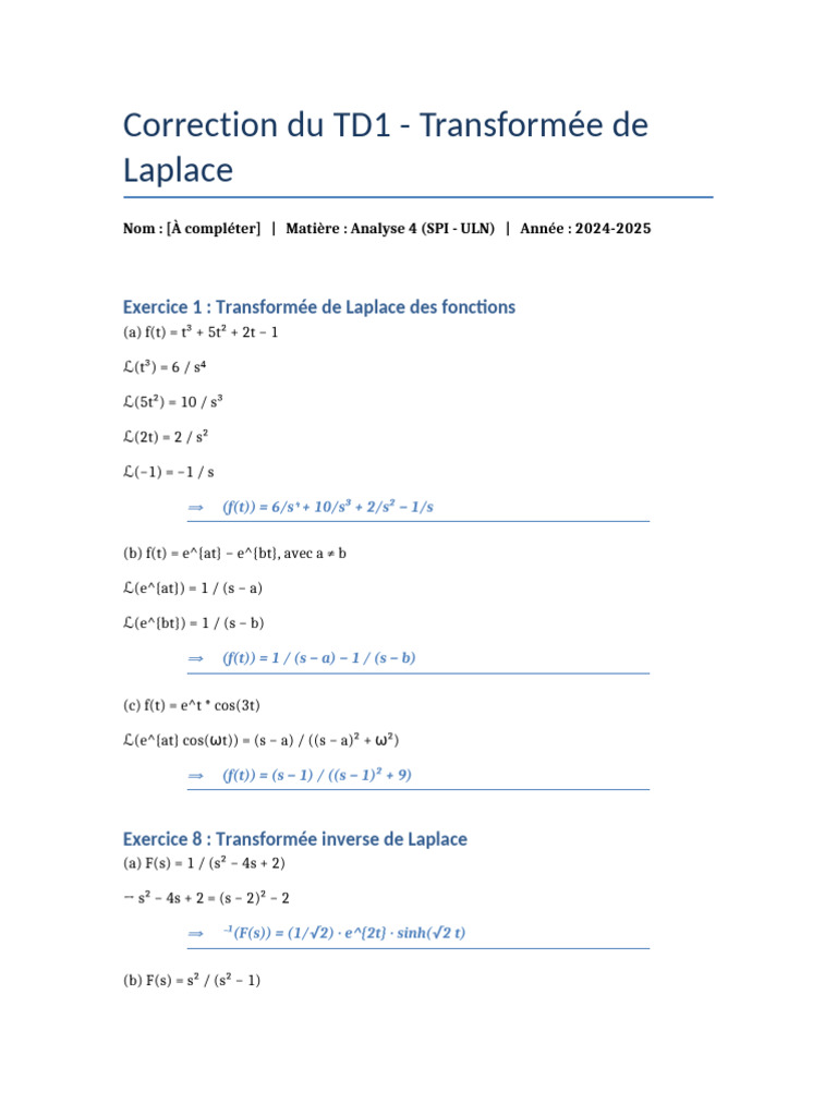 Correction TD1 : Transformée de Laplace | PDF