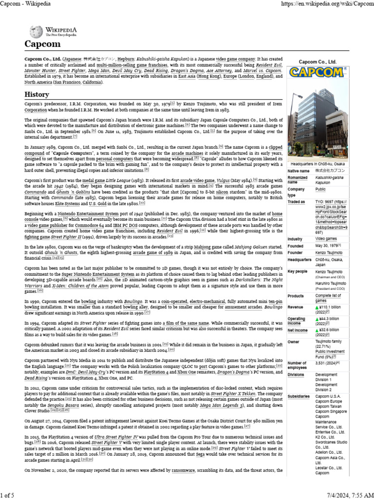 Capcom - Wikipedia 20240603 | PDF | Capcom | Video Game Development ...