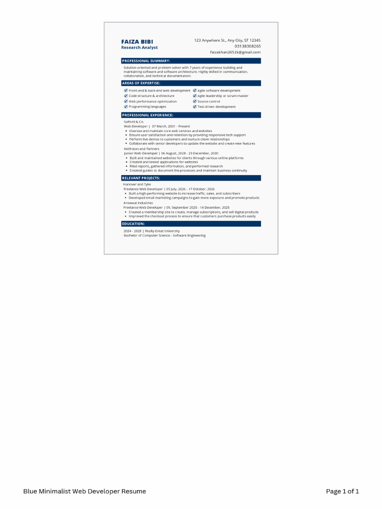 Blue Minimalist Web Developer Resume | PDF