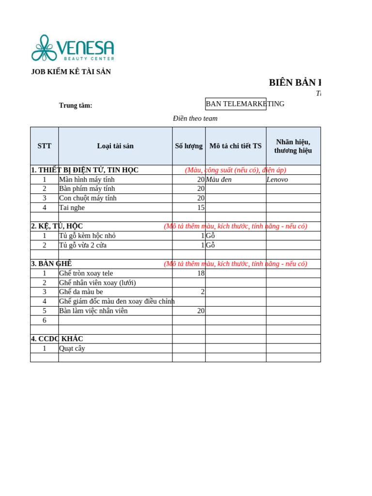 Form Kiểm Kê Tài Sản Team Lài | PDF