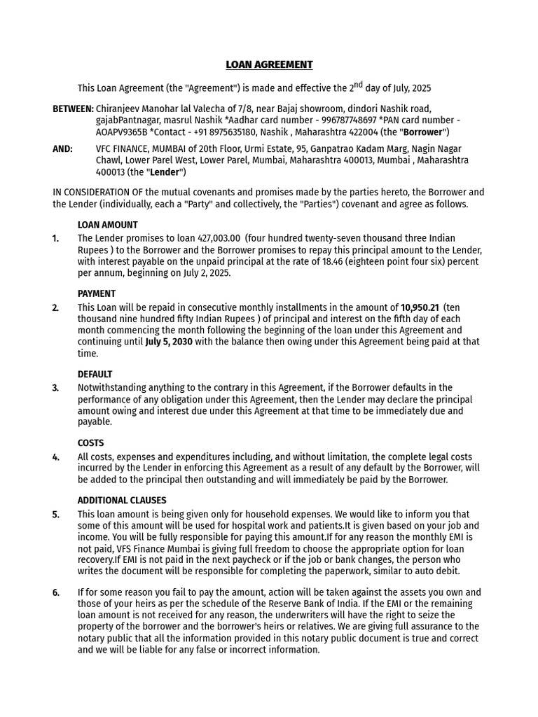 Loan Agreement for Household Expenses | PDF | Loans | Interest