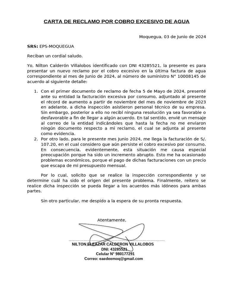 Reclamo por Cobro Excesivo de Agua | PDF