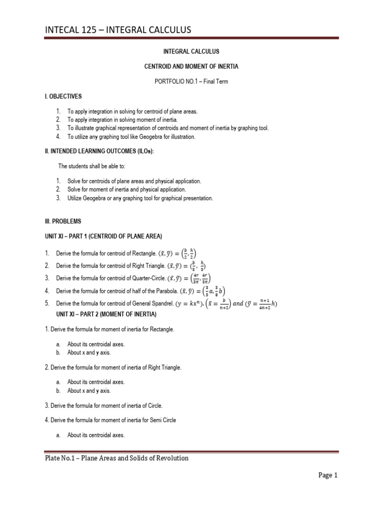 Centroid and Moment of Inertia Formulas | PDF | Area | Cartesian ...
