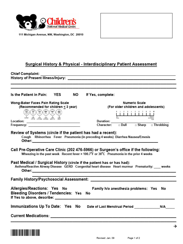 Surgical History and Physical Form | PDF | Surgery | Patient