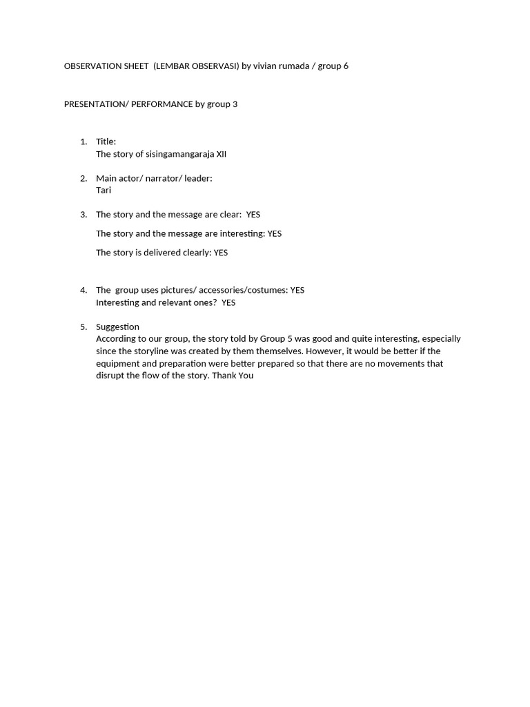 Observation Sheet for Group Performance | PDF