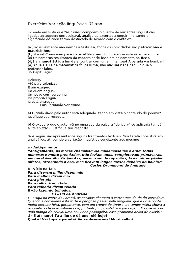 Atividades sobre Variação Linguística 7º Ano | PDF