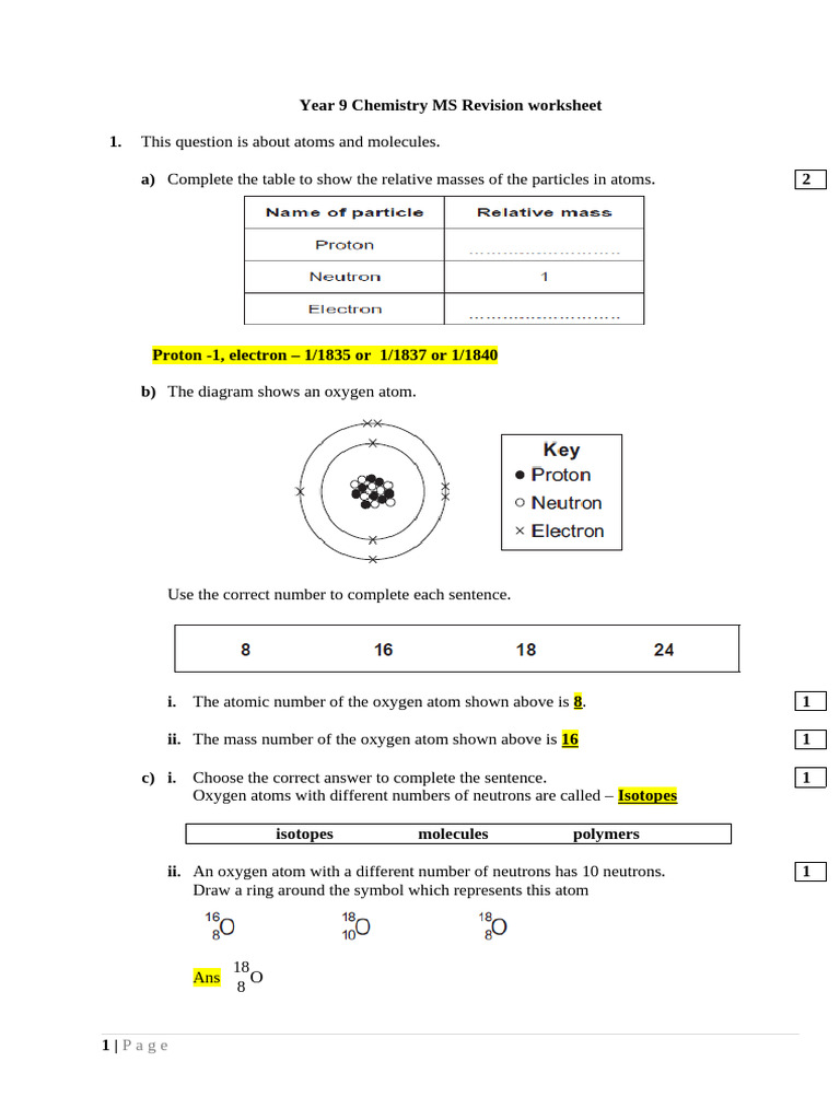 Year 9 Chemistry Revision Worksheet | PDF | Atoms | Ph