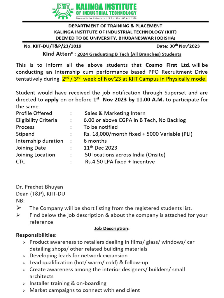 Cosmo Internship Opportunity for B Tech Students | PDF