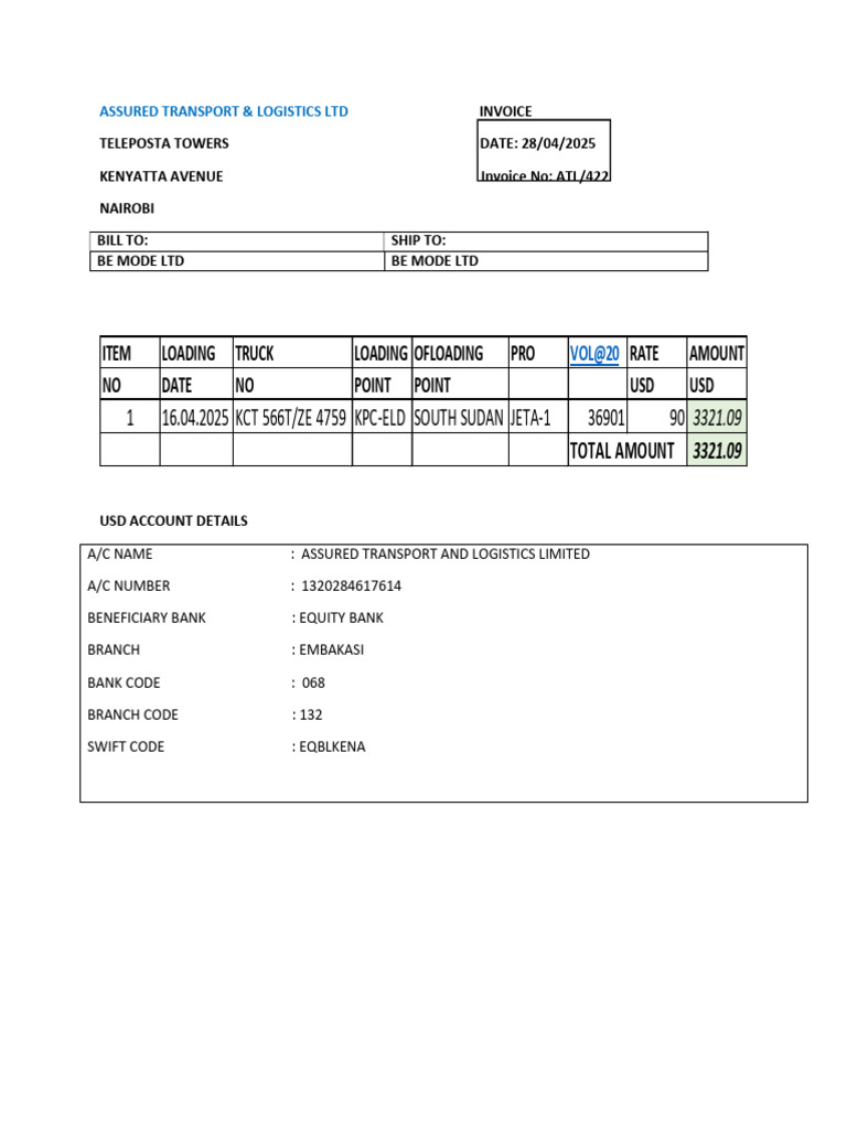 Assured Transport Invoice ATL/422 | PDF