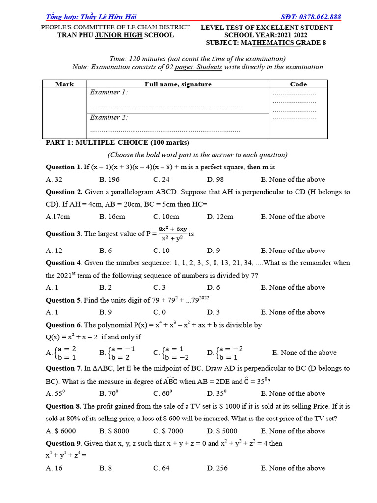 Grade 8 Math Exam: Le Chan District | PDF | Euclidean Geometry ...