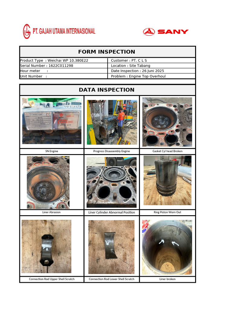 Inspection Engine WP10 SN1622C011298 PT. CLS | PDF | Cylinder (Engine ...