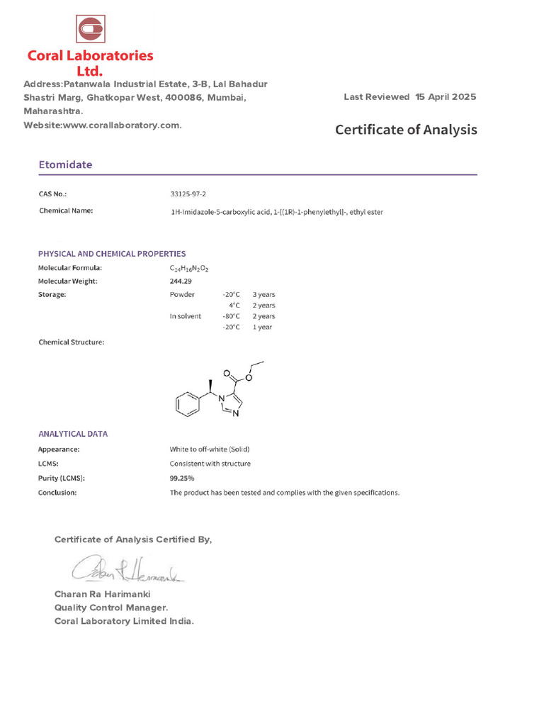 Coral Laboratory Certificate of Analysis | PDF