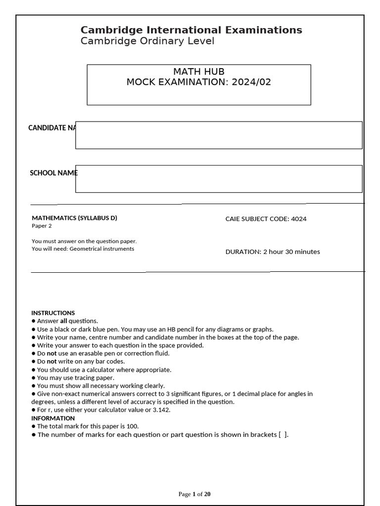 Cambridge O Level Math Mock Exam 2024 | PDF