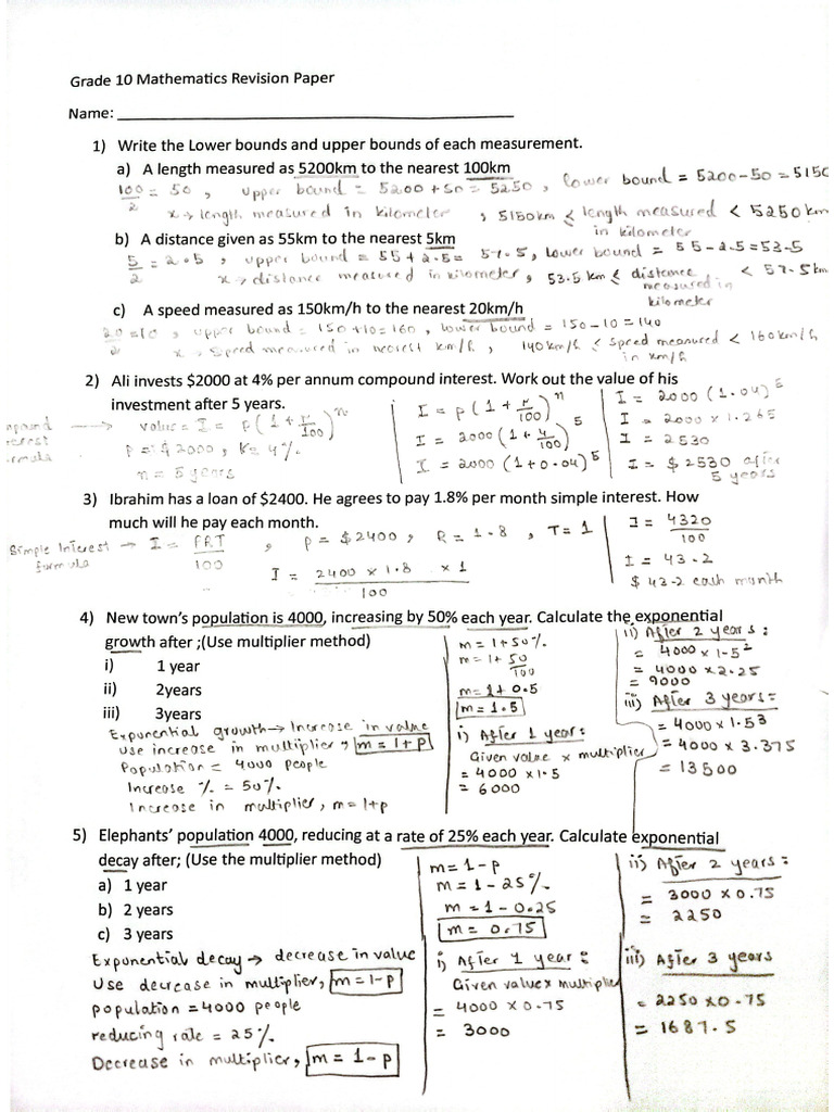 Grade 10, 2nd Short Test Solved Revision Worksheet | PDF