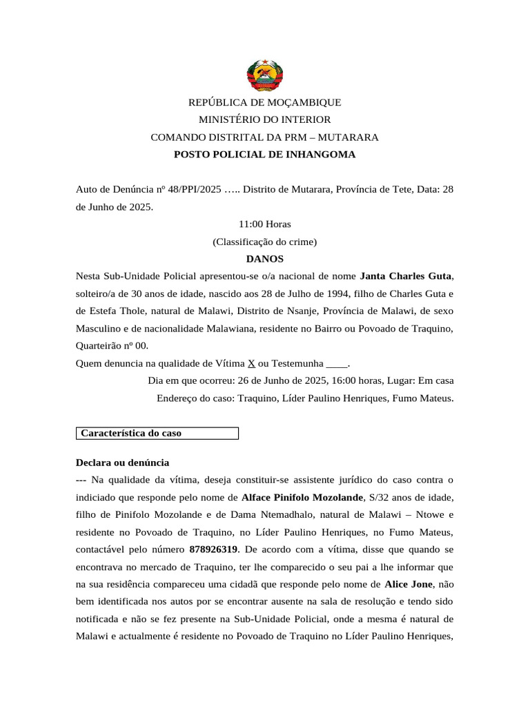 Auto de Denúncia por Danos em Mutarara | PDF