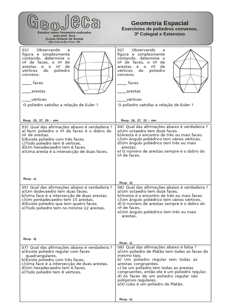 Exercícios sobre Poliedros Convexos | PDF | Vértice (Geometria ...