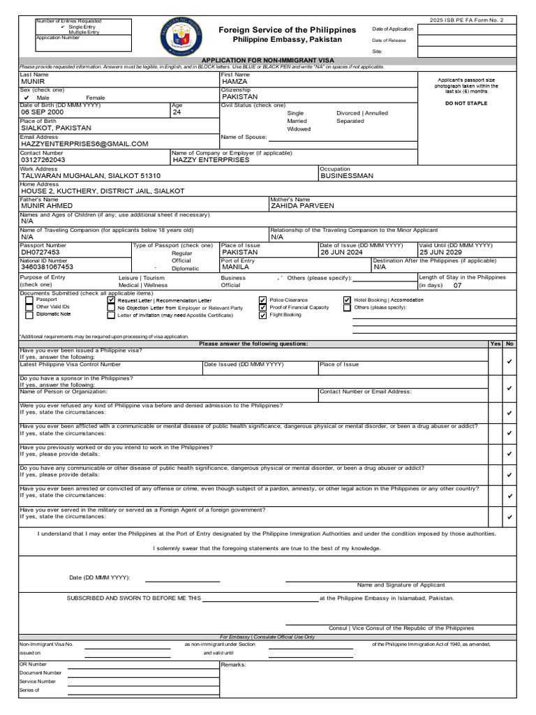 Non-Immigrant Visa Application Form | PDF