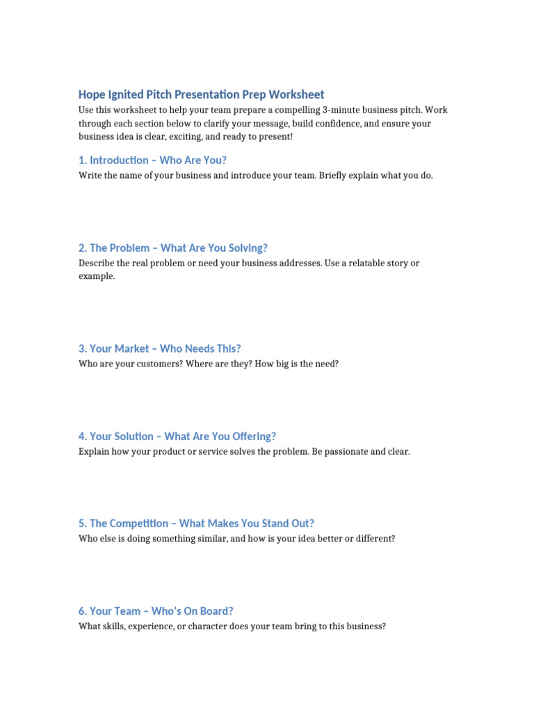 Hope Ignited Pitch Prep Worksheet | PDF