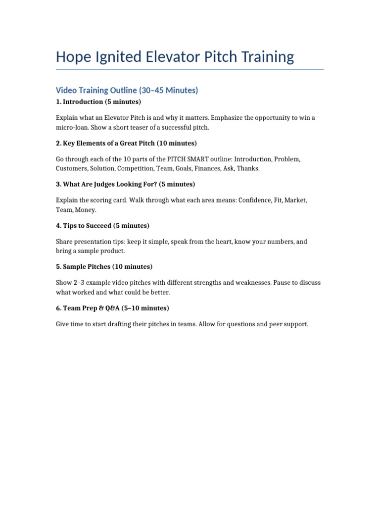 Hope Ignited Elevator Pitch Guide | PDF