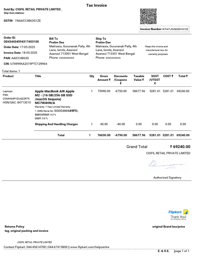 Apple MacBook Invoice for Pratim Das | PDF | Apple Inc.