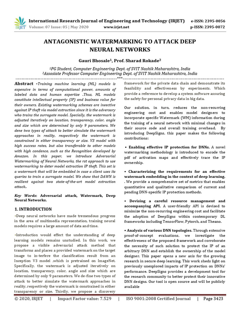 Adversarial Watermarking for DNNs | PDF | Deep Learning | Computer Science