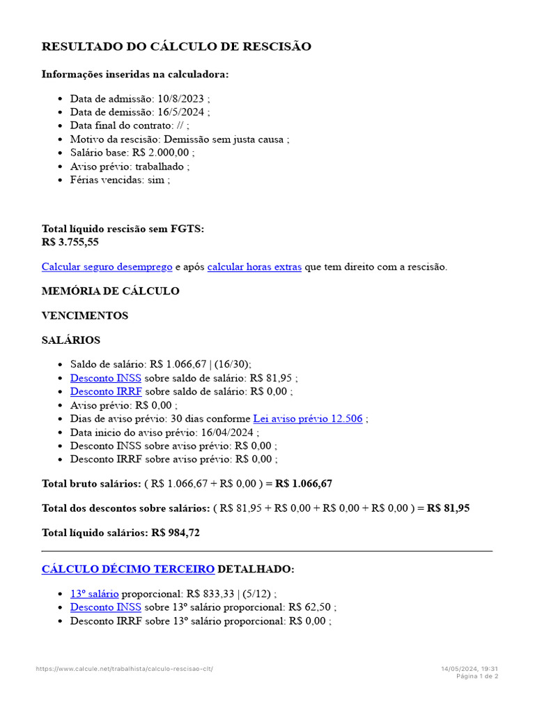 Cálculo de rescisão | PDF | Férias trabalhistas | Relações entre empregados