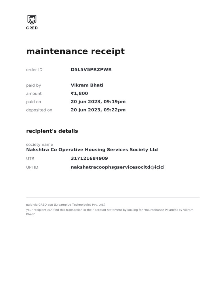 Maintenance Receipt: D5L5V5Przpwr | PDF