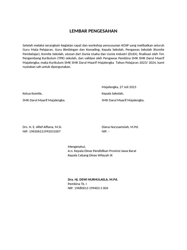Pengesahan Kurikulum SMK Darul Maarif 2023 | PDF