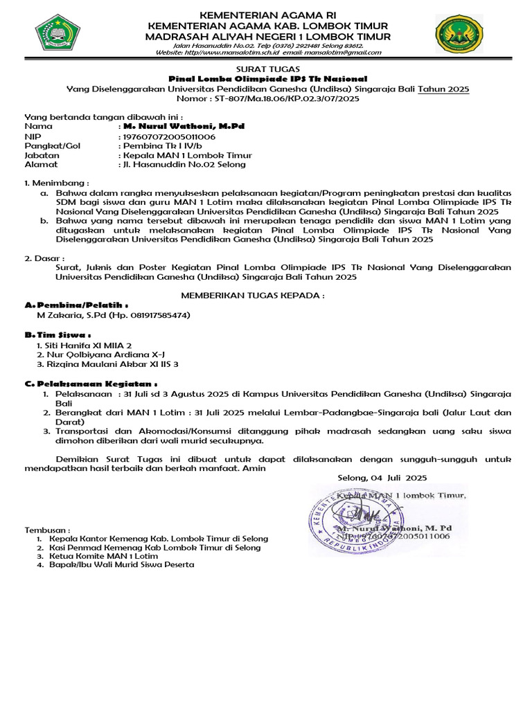 Surat Tugas Lomba Olimpiade IPS 2025 | PDF