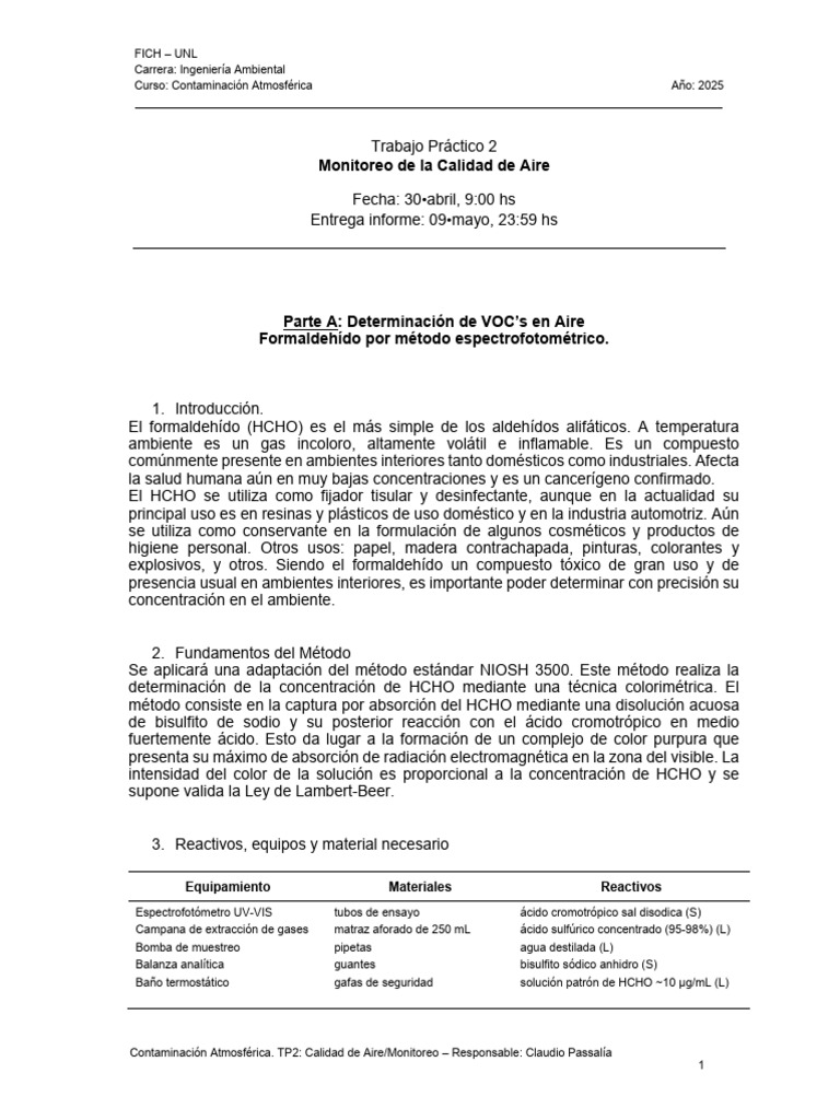 TP 2 Monitoreo Calidad de Aire - Determinacion HCHO y MP (2025) | PDF ...