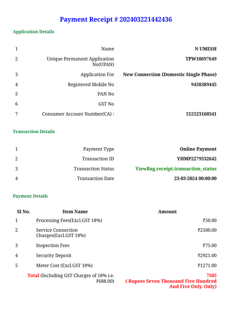 Payment Receipt for New Connection | PDF