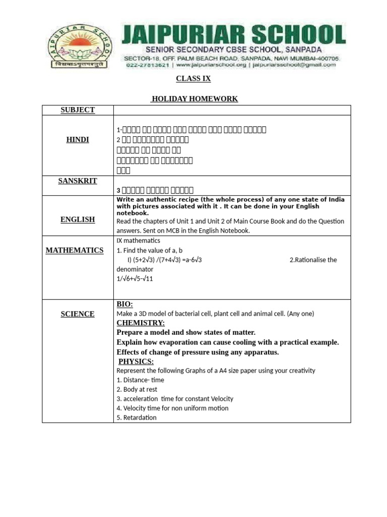 Class IX Holiday Homework Assignments | PDF