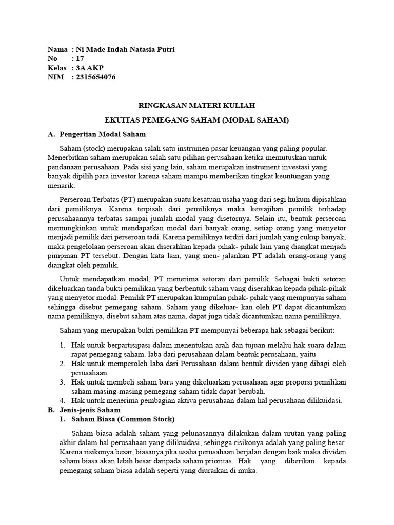 Pengertian dan Jenis Modal Saham | PDF