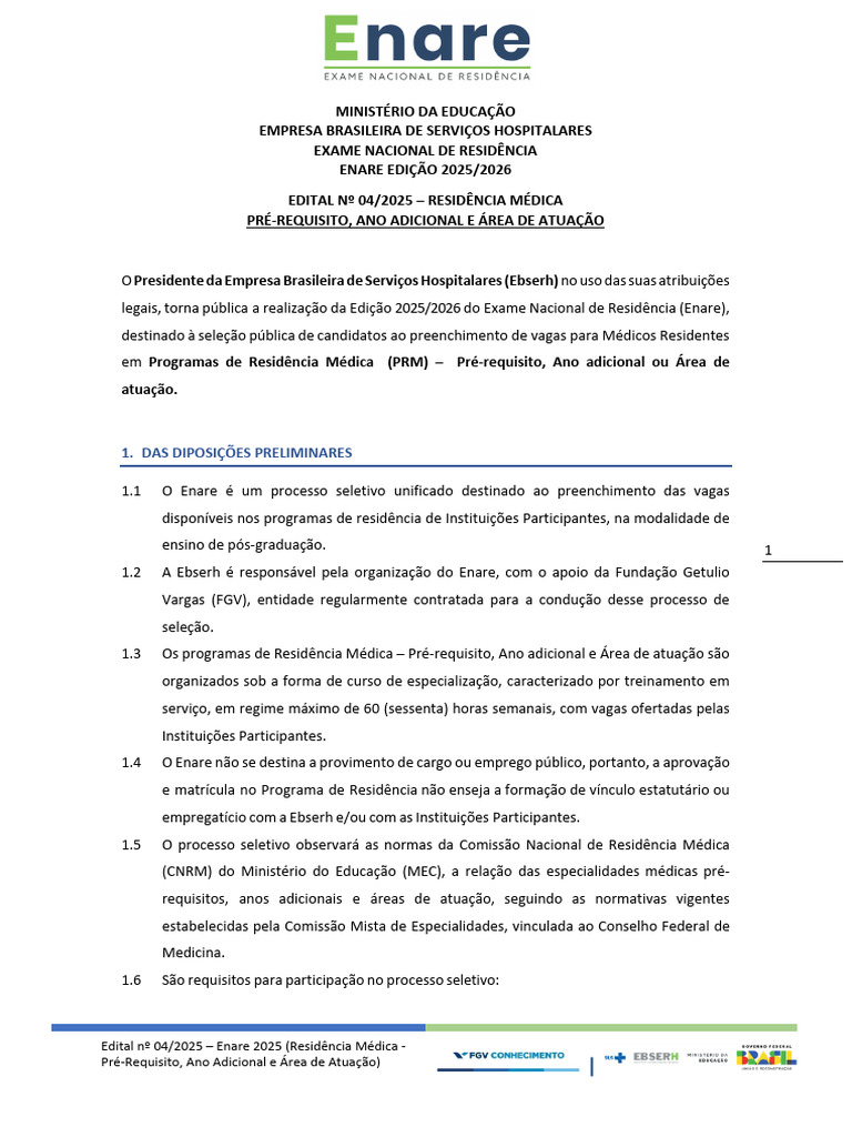Edital Enare 2025: Residência Médica | PDF | Remédio | Pós-graduação