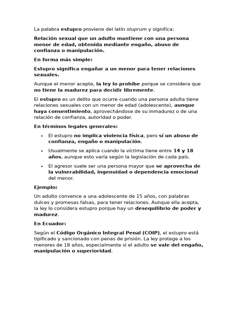 La Palabra Estupro Proviene Del Latín Stuprum y Significa | PDF