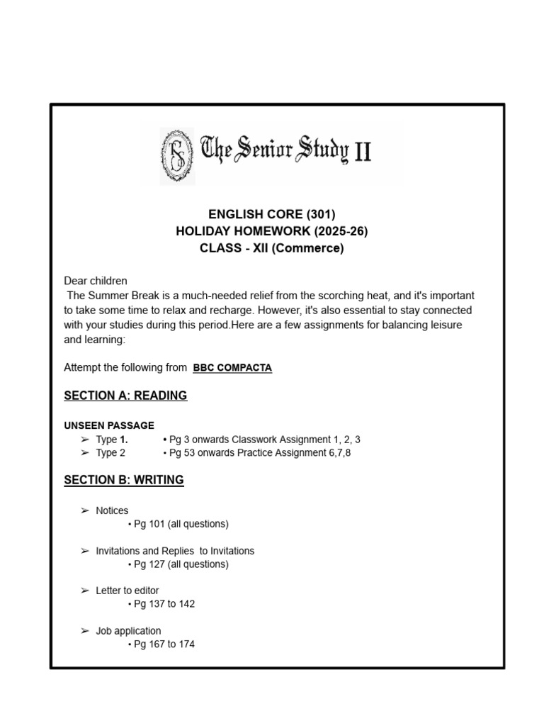 Holiday Homework Design for Class XII | PDF