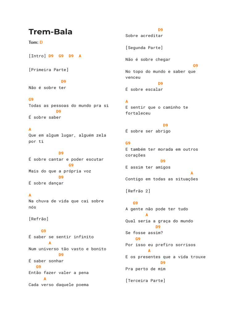 Letra da Música "Trem-Bala" de Ana Vilela | PDF