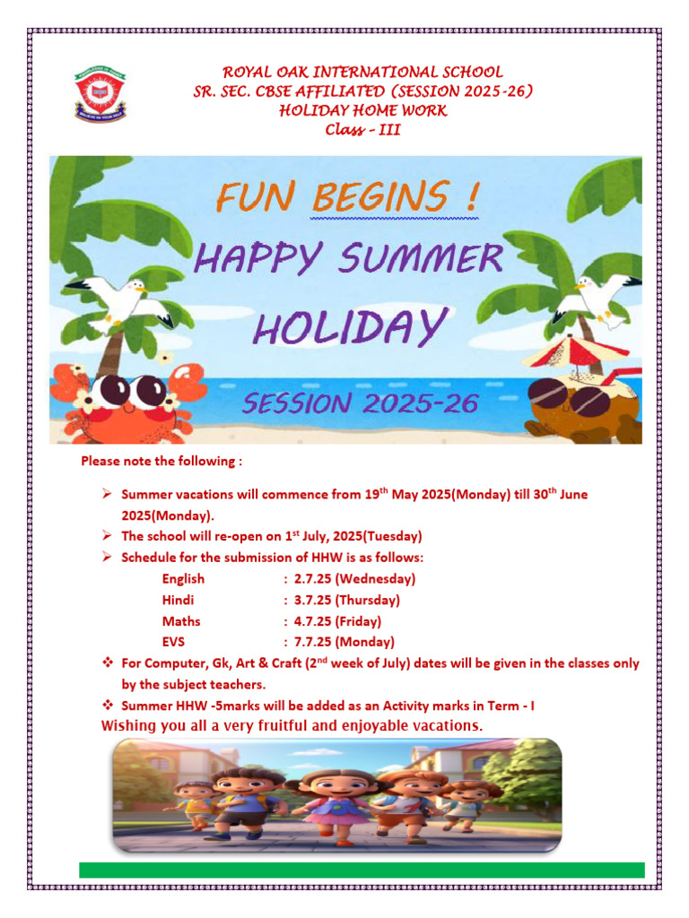 Holiday Homework (CLASS III) | PDF