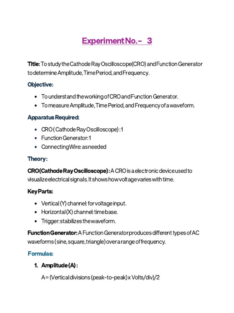 CRO and Function Generator Experiment | PDF