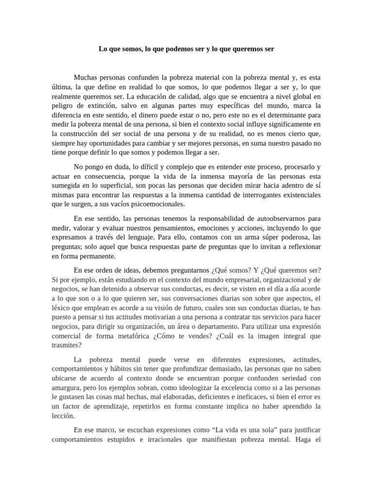 Lo Que Somos, Podemos y Queremos Llegar A Ser | PDF | Mente | Pensamiento