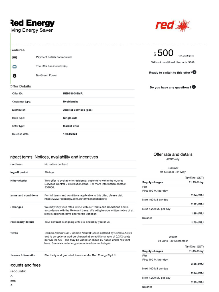 Compare - Energy.vic - Gov.au Red Energy Gas Offer Details Releast 10th ...