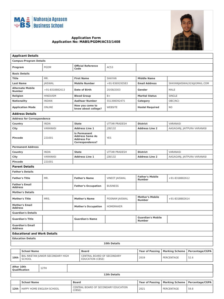 Application Form MABS PGDM AC53 1408 | PDF | Educational Stages ...